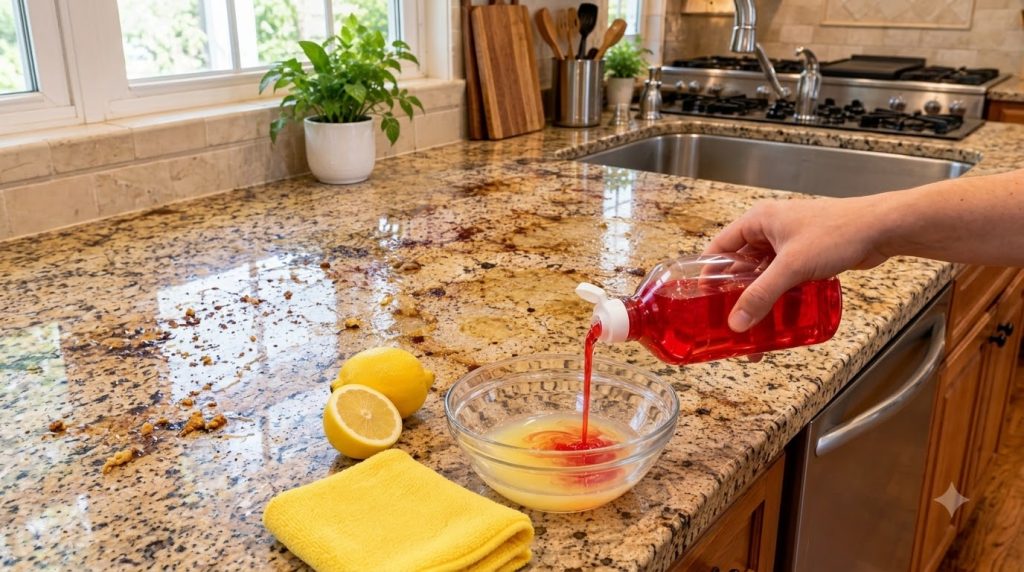 A hand pouring red dish soap from a bottle into a clear glass bowl containing yellow lemon juice Next to the bowl are tw