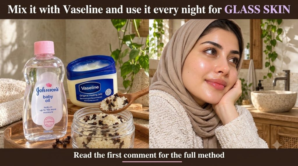 A split image showing a young woman with radiant dewy skin in a bathroom setting in the upper frame and a flat lay of sk