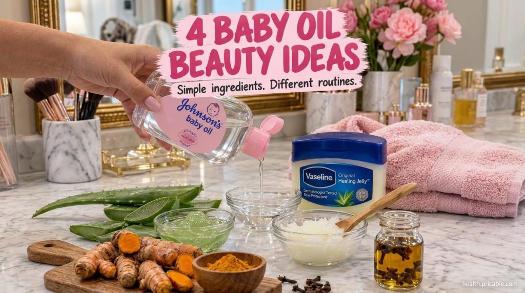 A flat lay of beauty ingredients including Johnson s baby oil aloe vera leaves turmeric roots and powder cloves a small 