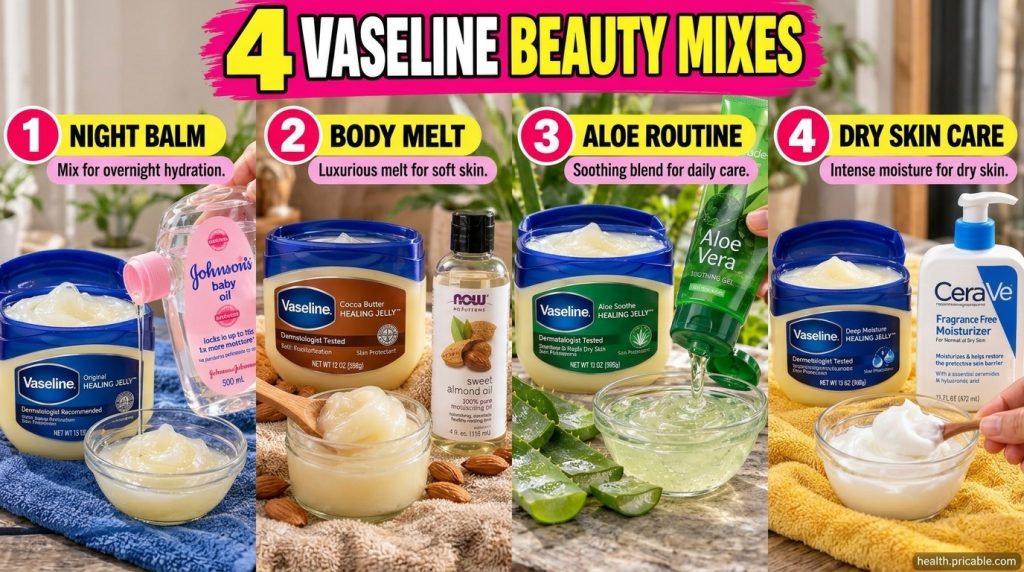 A clear glass bowl filled with Vaseline with various small bottles of oils and lotions around it suggesting different mi