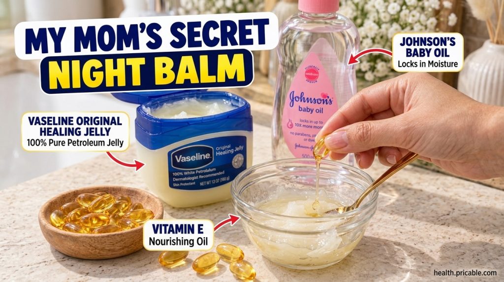 A flat lay of Vaseline Johnson s baby oil Vitamin E capsules and a bowl with a hand squeezing a Vitamin E capsule into t