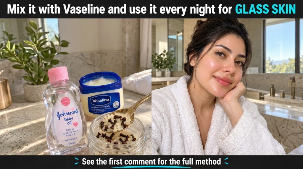 A split image showing a young woman with radiant glass skin on the top and a product arrangement of Johnson s baby oil V