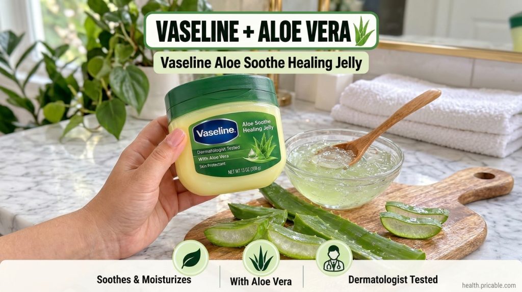 A hand holding a jar of Vaseline Aloe Soothe Healing Jelly next to fresh aloe vera leaves and a bowl of aloe vera gel on