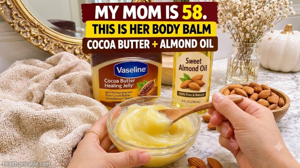 Ingredients for a homemade body balm a jar of Vaseline Cocoa Butter Healing Jelly a bottle of Sweet Almond Oil and a gla