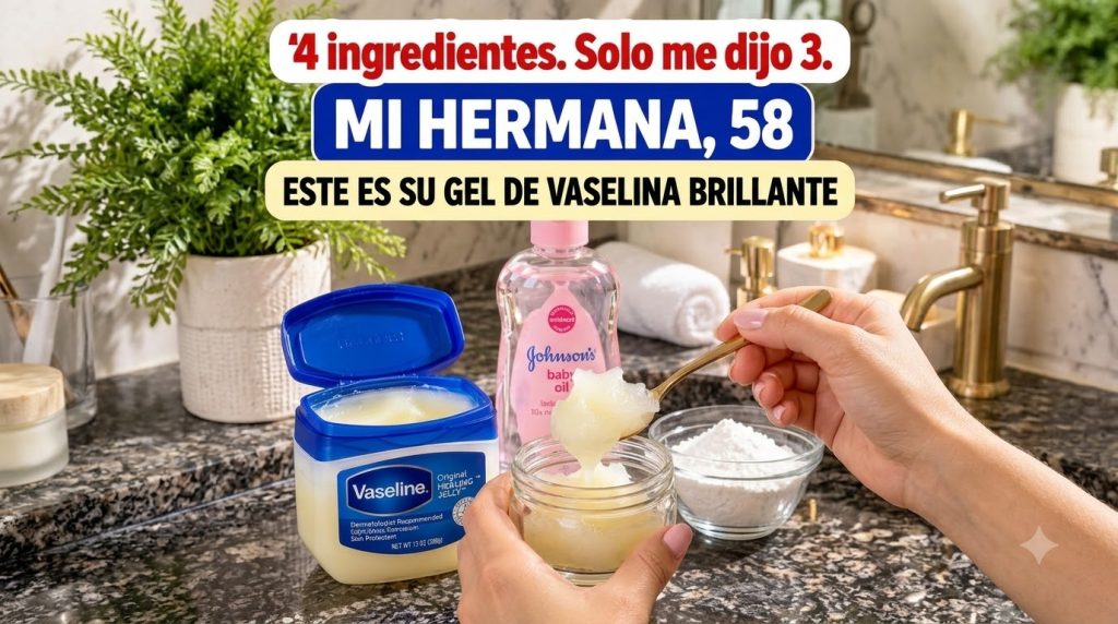 A close-up top-down view of beauty product ingredients on a dark glossy countertop including an open tub of Vaseline a b