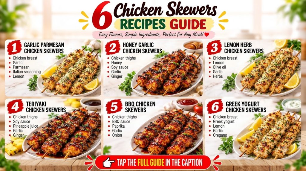 A visually rich collage of six distinct chicken skewer recipes each beautifully plated with different marinades garnishe