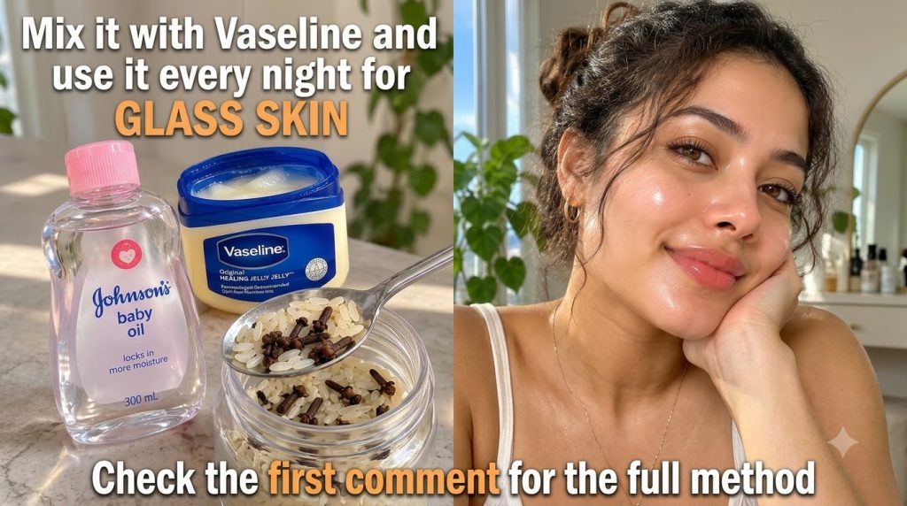 A split image showing a woman with glass skin on top and beauty products Vaseline baby oil with a DIY rice and clove mix