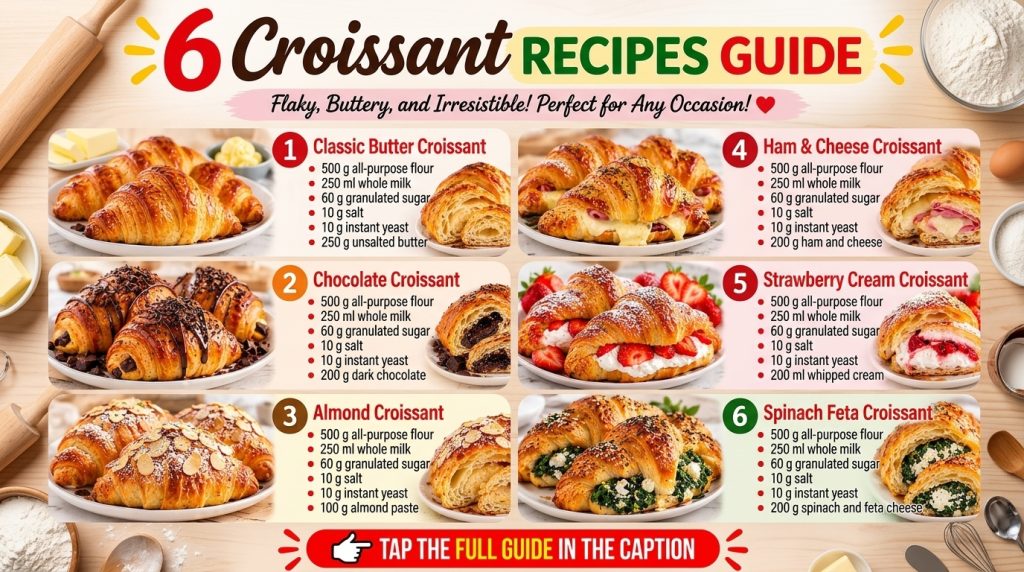 Six different types of croissants displayed in a grid including Classic Butter Chocolate Almond Ham Cheese Strawberry Cr