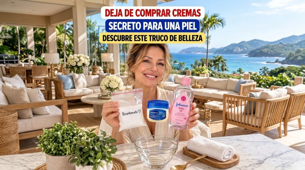 A cheerful woman presenting baking soda Vaseline and baby oil on a marble table with an empty glass bowl against a brigh