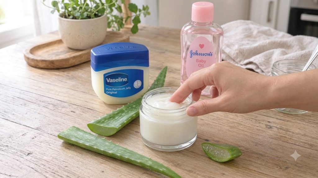 A hand gently dipping a finger into a jar of homemade white cream surrounded by fresh aloe vera leaves a tub of Vaseline
