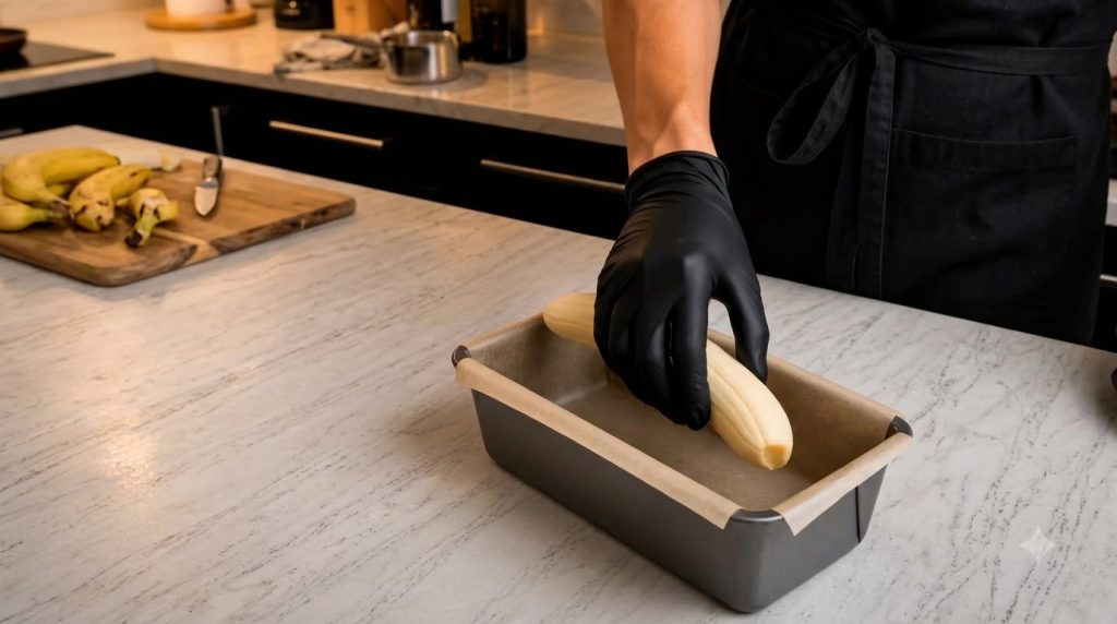 Una mano enguantada pelando un plátano sobre un molde para pan forrado con papel de horno el inicio de la preparación