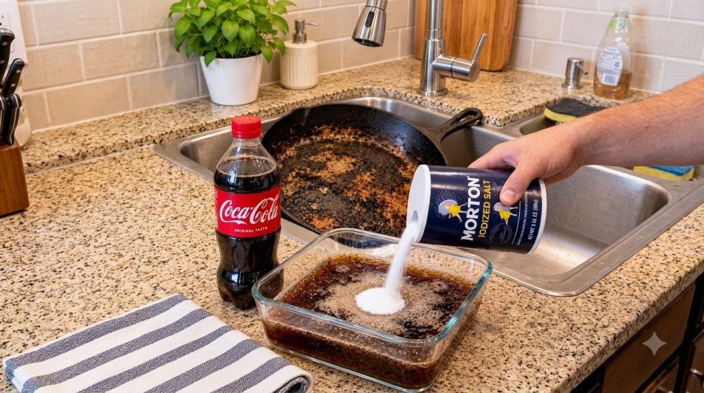 A hand pouring white salt from a blue container into a glass baking dish filled with Coca-Cola A heavily soiled cast-iro