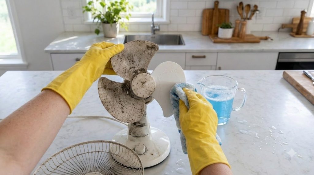 A dusty electric fan with cleaning supplies like a spray bottle white vinegar dish soap and a black trash bag laid out A