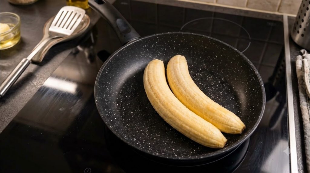 Two peeled bananas in a black speckled frying pan on a dark induction cooktop seen from a top-down perspective suggestin