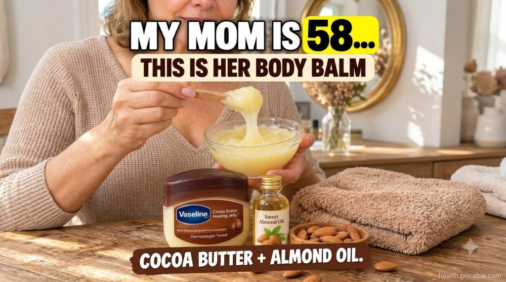 A woman s hands gently mixing a thick luscious body balm in a clear bowl with a wooden spoon surrounded by ingredients l