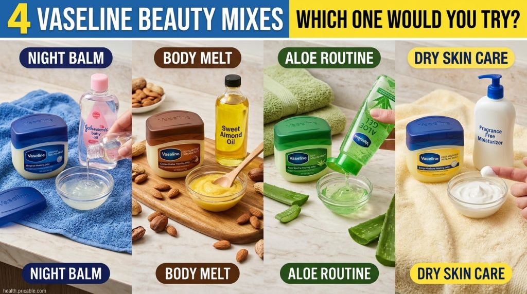A four-panel grid showing different Vaseline beauty mixes being prepared in small glass bowls with ingredients like Vase