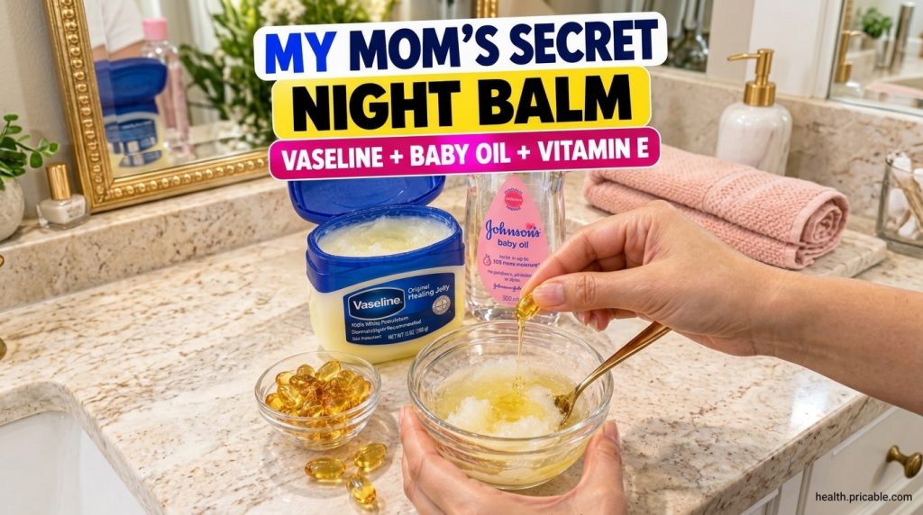 A hand squeezing a Vitamin E capsule allowing its viscous contents to drip into a clear glass bowl containing a mix of V