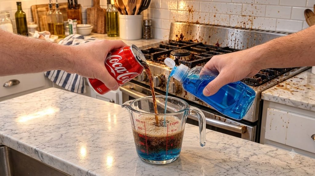Hands pouring Coca-Cola and blue dish soap into a glass measuring cup actively mixing and bubbling A dirty stainless ste