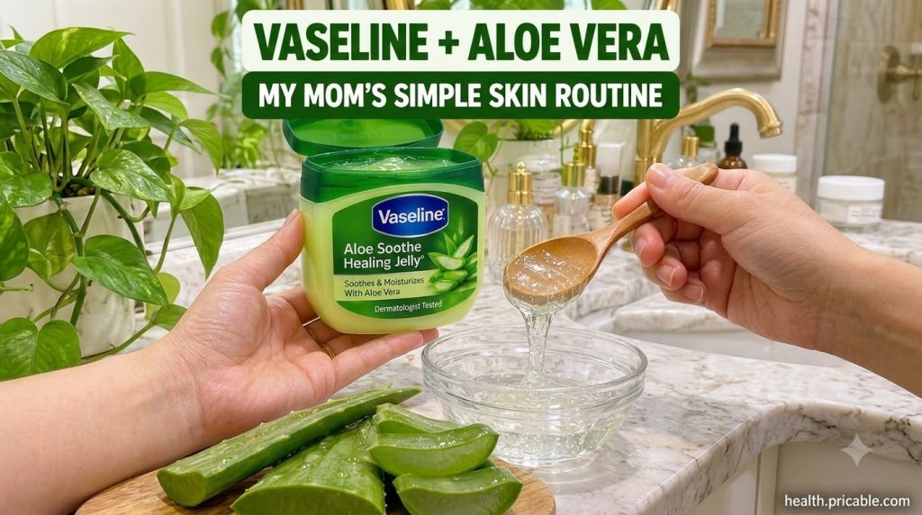 A person s hands mixing Vaseline Aloe Soothe Healing Jelly with fresh aloe vera gel in a glass bowl using a wooden spoon