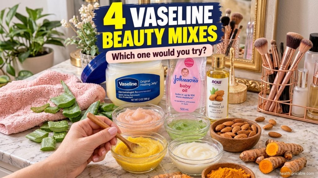 A variety of natural ingredients like Vaseline almond oil baby oil aloe vera turmeric and almonds arranged on a marble s