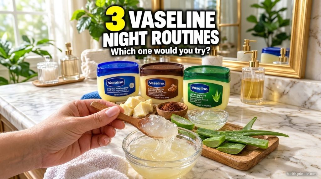 A hand holding a wooden spoon scooping a clear viscous jelly-like substance from a glass bowl with Vaseline tubs shea bu