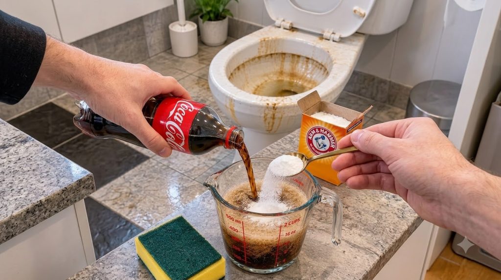Hands mixing Coca-Cola and baking soda in a measuring cup creating a bubbly reaction with a stained toilet in the backgr