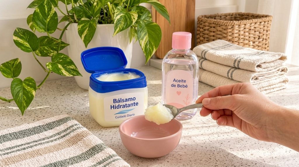 A hand holding a spoon with moisturizing balm over a pink bowl with a tub of balm and a bottle of baby oil on a countert