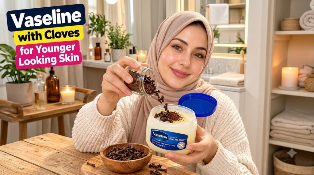 A smiling woman wearing a hijab pouring whole cloves and clove powder from a small glass jar into a large tub of Vaselin