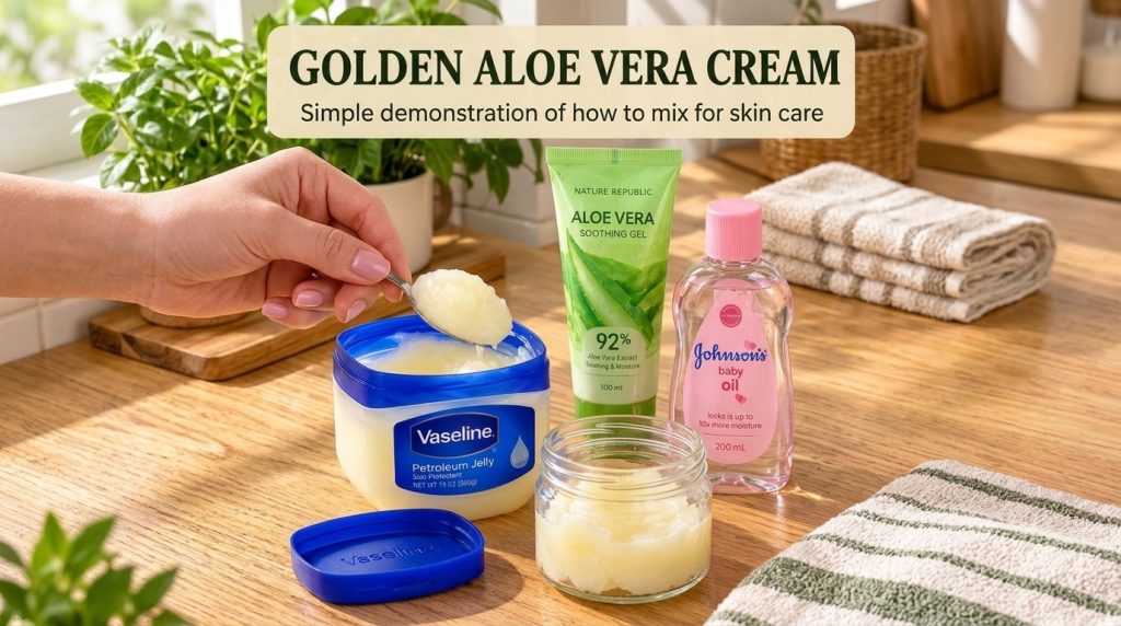 A hand is scooping a creamy substance from a tub of Vaseline Petroleum Jelly with a tube of Nature Republic Aloe Vera So