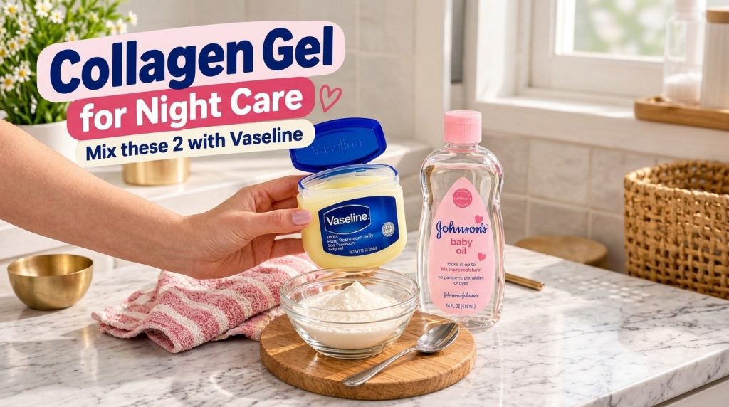 A hand holding an open jar of Vaseline a bottle of Johnson s Baby Oil a glass bowl of white collagen powder and a spoon 
