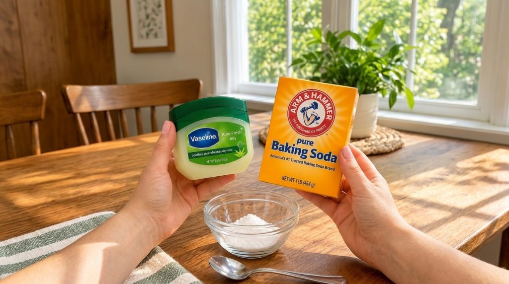 Hands holding a jar of Vaseline Aloe Fresh Jelly and a box of Arm Hammer Pure Baking Soda with a small glass bowl of whi