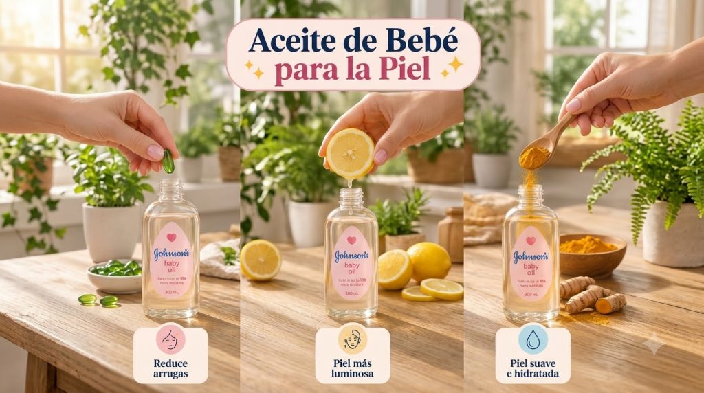 A vertical collage demonstrating how to mix Johnson s baby oil with natural ingredients like lemon and turmeric for skin