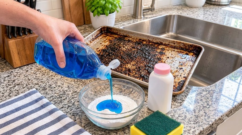 Una mano vierte jabón lavaplatos azul en un cuenco de cristal con bicarbonato de sodio blanco sobre una encimera de coci