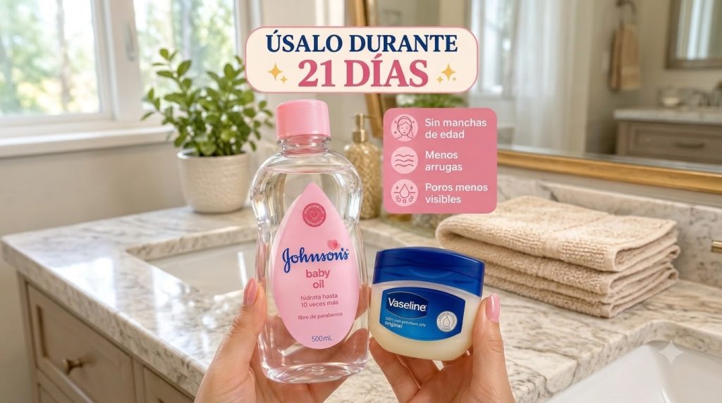 Two hands holding a bottle of Johnson s Baby Oil and a tub of Vaseline Original Petroleum Jelly There is a banner overla