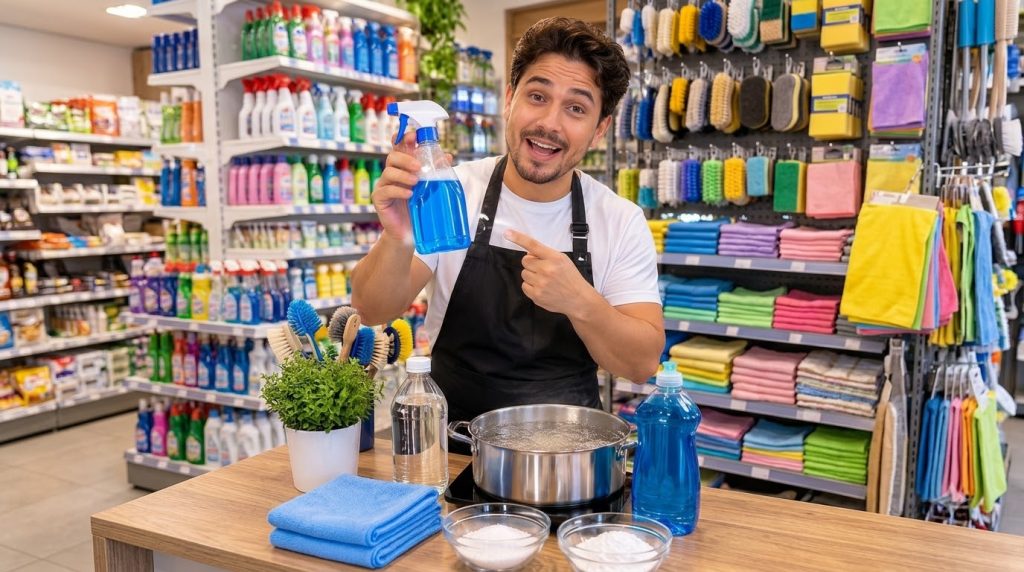 A friendly man in a white t-shirt and black apron holding up a blue spray bottle and pointing to it in a workshop settin