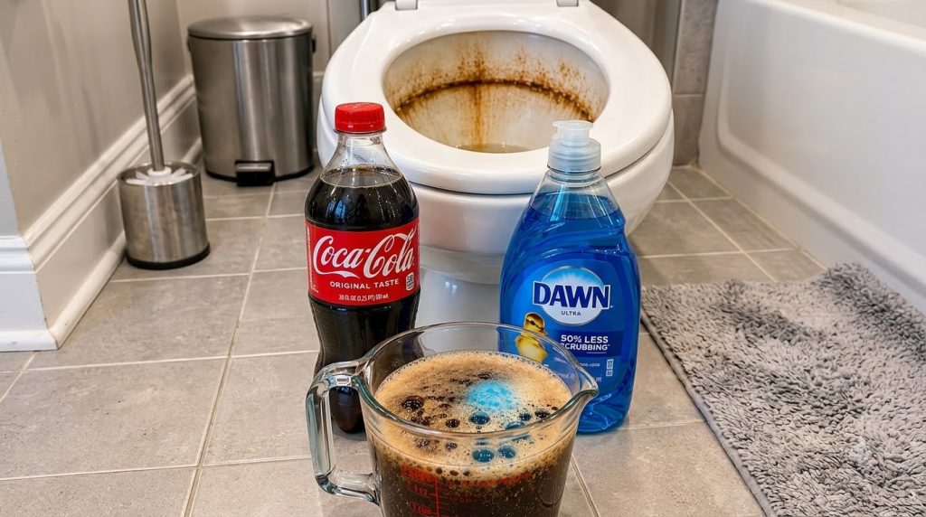 A severely stained toilet bowl in the background with a bottle of Coca-Cola a bottle of Dawn dish soap and a glass measu
