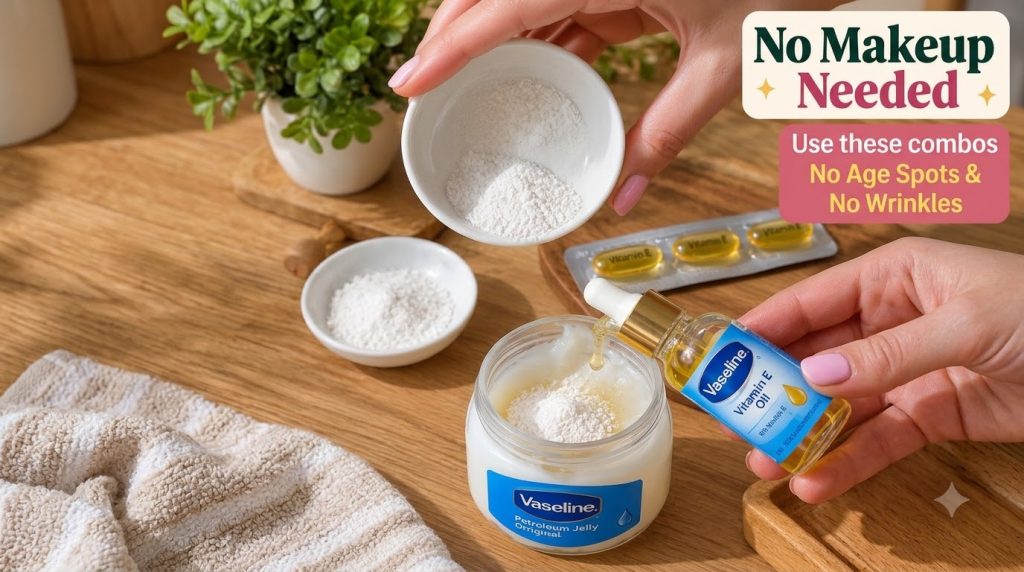 Close-up overhead view of hands preparing a homemade skincare concoction with Vaseline petroleum jelly white powder and