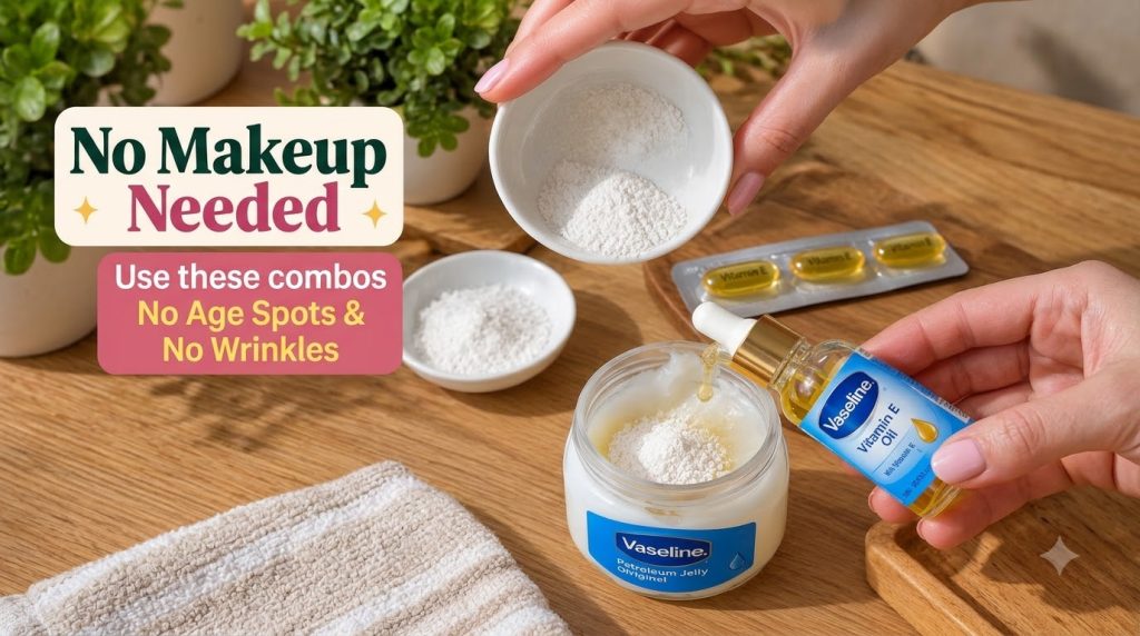Hands preparing a DIY skincare mixture with white powder Vaseline Petroleum Jelly and Vitamin E oil drops in a jar with