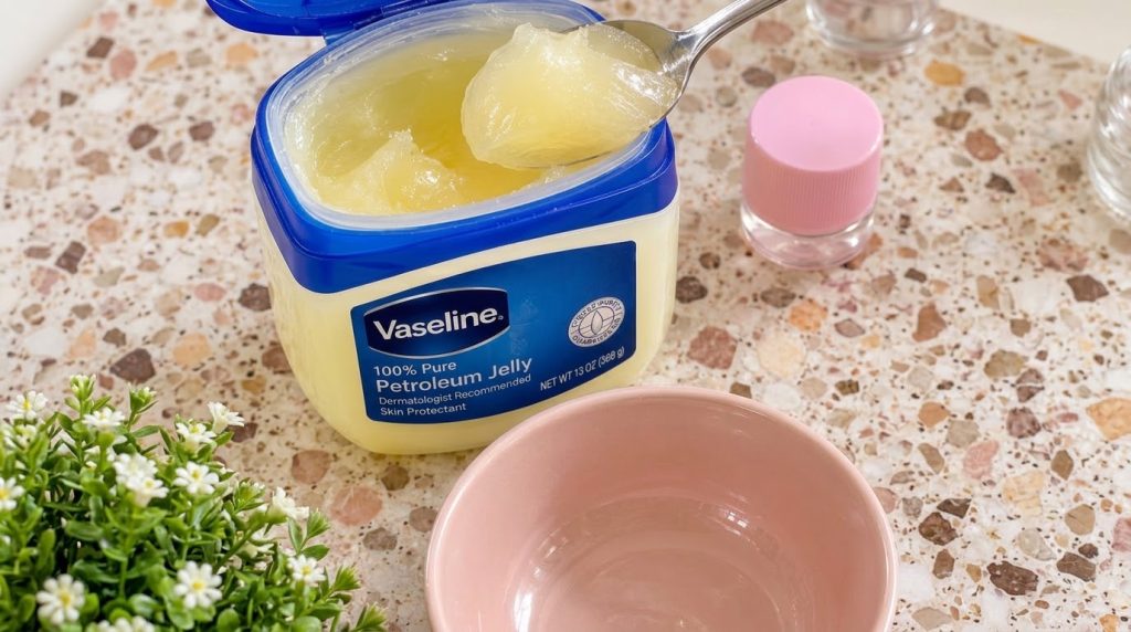 A close-up overhead view of Vaseline petroleum jelly in its jar with a silver spoon holding a scoop of the jelly above a
