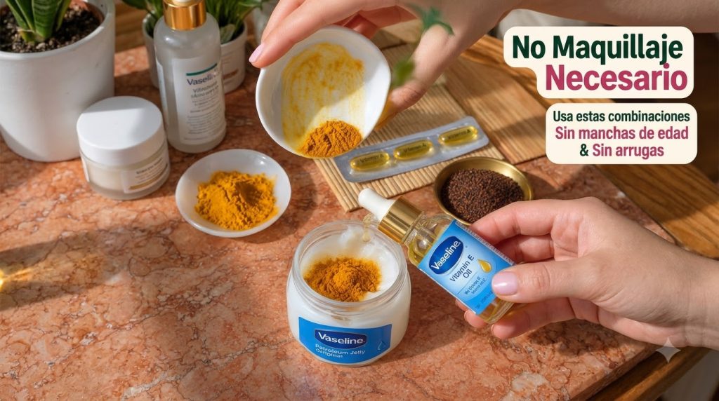 Hands mixing Vaseline turmeric powder and Vitamin E oil in a small jar on a marbled surface