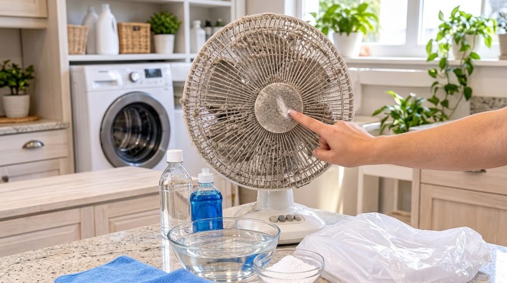 A heavily dust-laden electric fan with a finger pointing to a cleaner spot on its hub suggesting the start of a cleaning