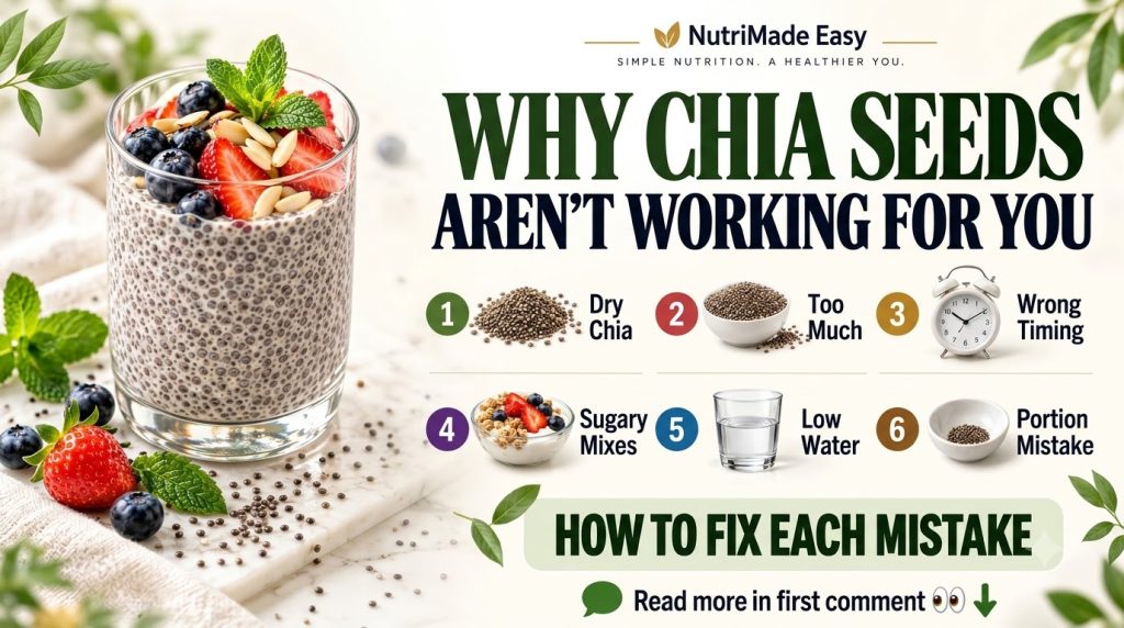 A vertical infographic showing a glass of chia pudding with berries and almonds alongside six small vignettes illustrati