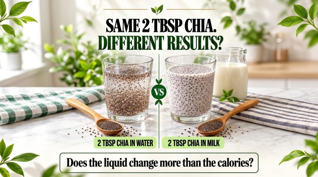 Side-by-side comparison of chia seeds prepared in water versus milk illustrating the difference in texture and consisten