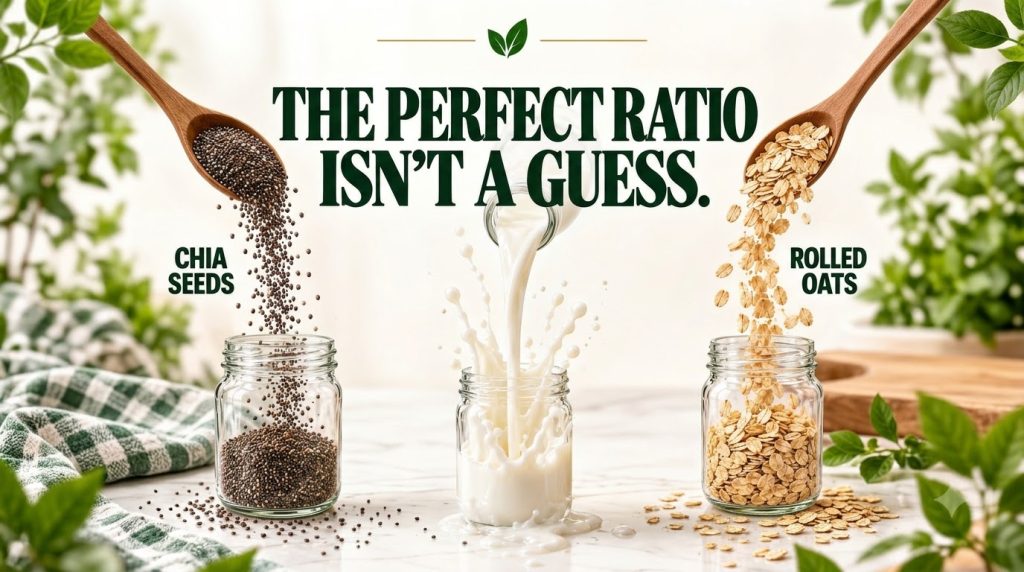 Milk pouring into a jar with chia seeds and rolled oats falling into other jars framed by green leaves with the text THE