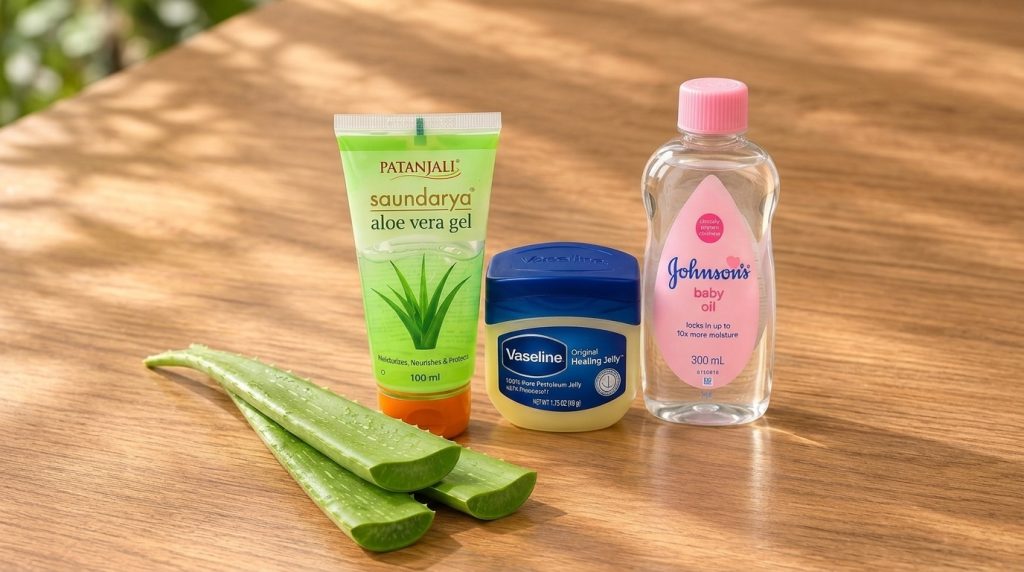 A flat lay of fresh aloe vera leaves with water droplets alongside common hydrating beauty products like aloe vera gel p