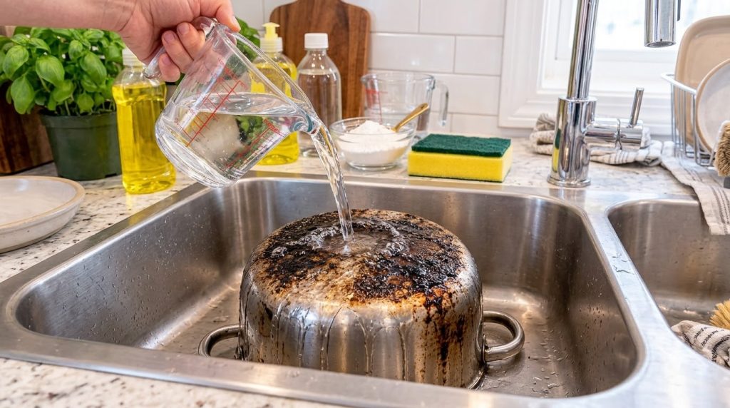 A close-up of a hand pouring water from a measuring cup onto a heavily burnt pot in a kitchen sink In the background cle