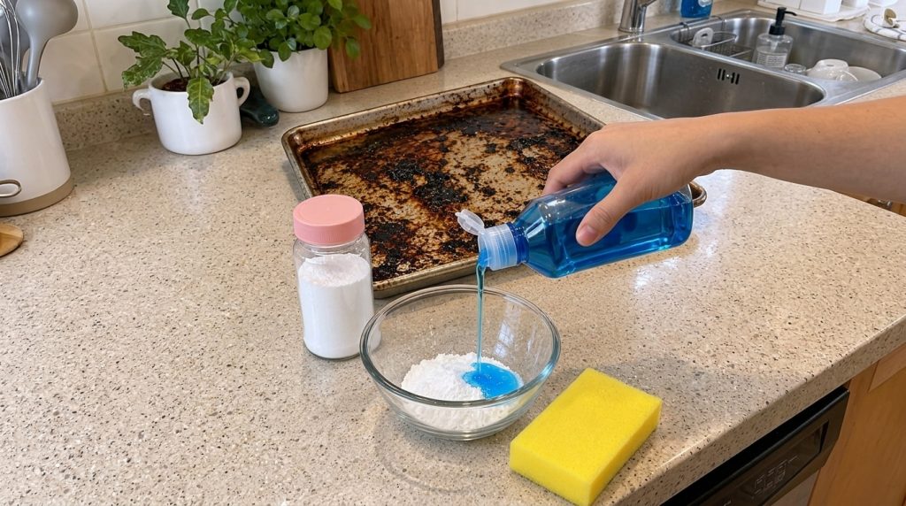 Una mano vertiendo jabón líquido azul en un cuenco con polvo blanco sobre una encimera de cocina con una bandeja de horn