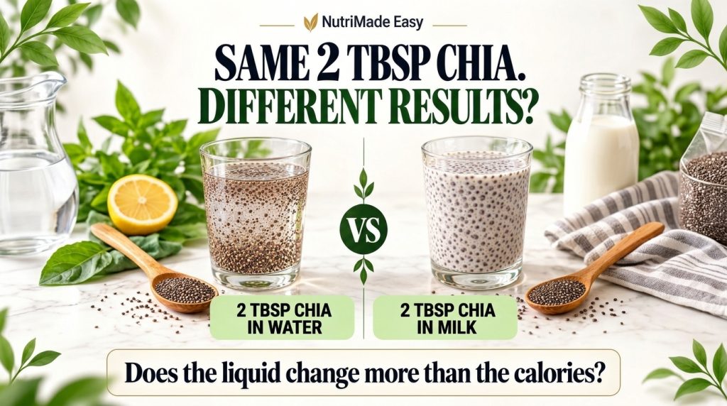Two glasses showing chia seeds steeped in water left and milk right with wooden spoons a lemon herbs and a milk bottle n