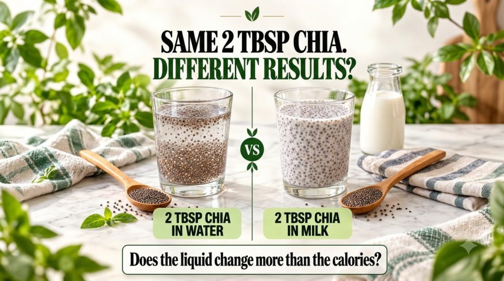Side-by-side comparison of chia seeds in water and milk with dry seeds and wooden spoons in foreground
