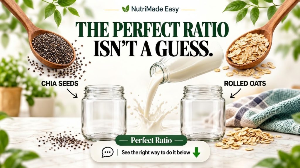Ingredients for overnight oats chia seeds and rolled oats in wooden spoons milk pouring and two empty glass jars for mea